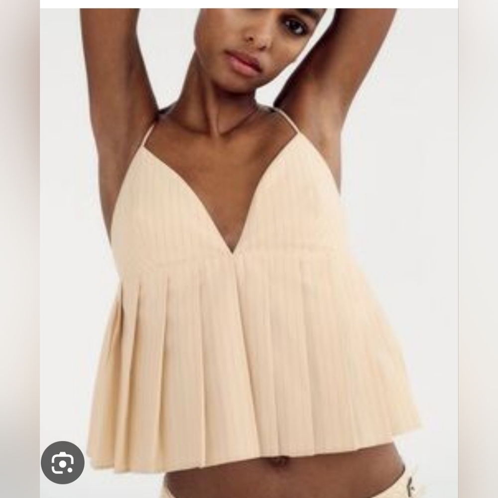 Zara Women’s Cotton Pleated Spaghetti Strap Crop Top Beige/Pink Size L